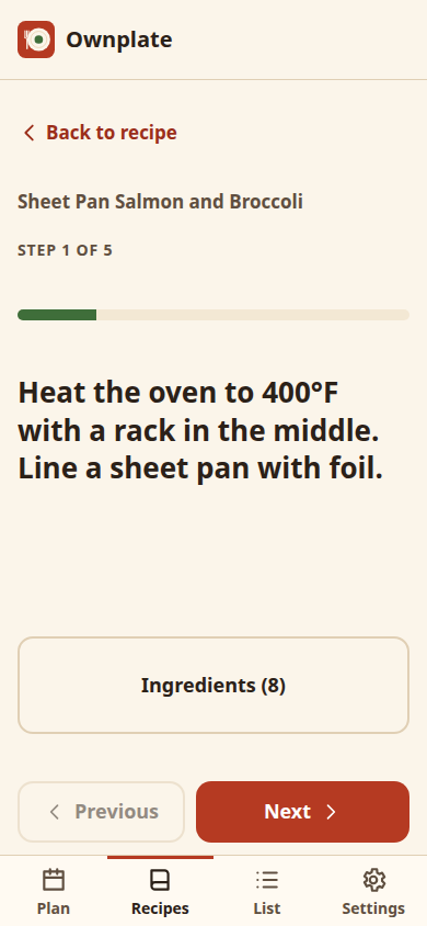 Cook mode showing one recipe step in large text with a running timer.