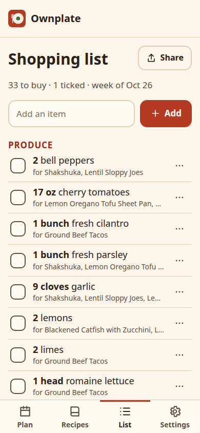 One grocery list for the whole week, grouped by store aisle, with items checked off.